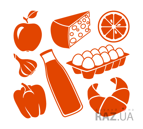 Наклейка з картинками продуктів на вікно - випічка, хліб, кальмар, напої, мясо, мясні вироби, куриця, риба, овочі, фрукти